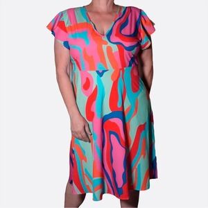NWT Retro Psychedelic Abstract Flutter Sleeve Midi Dress Vibrant Summer Soirée